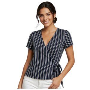 Lucky Brand Wrap Top Navy White Striped Side Tie S